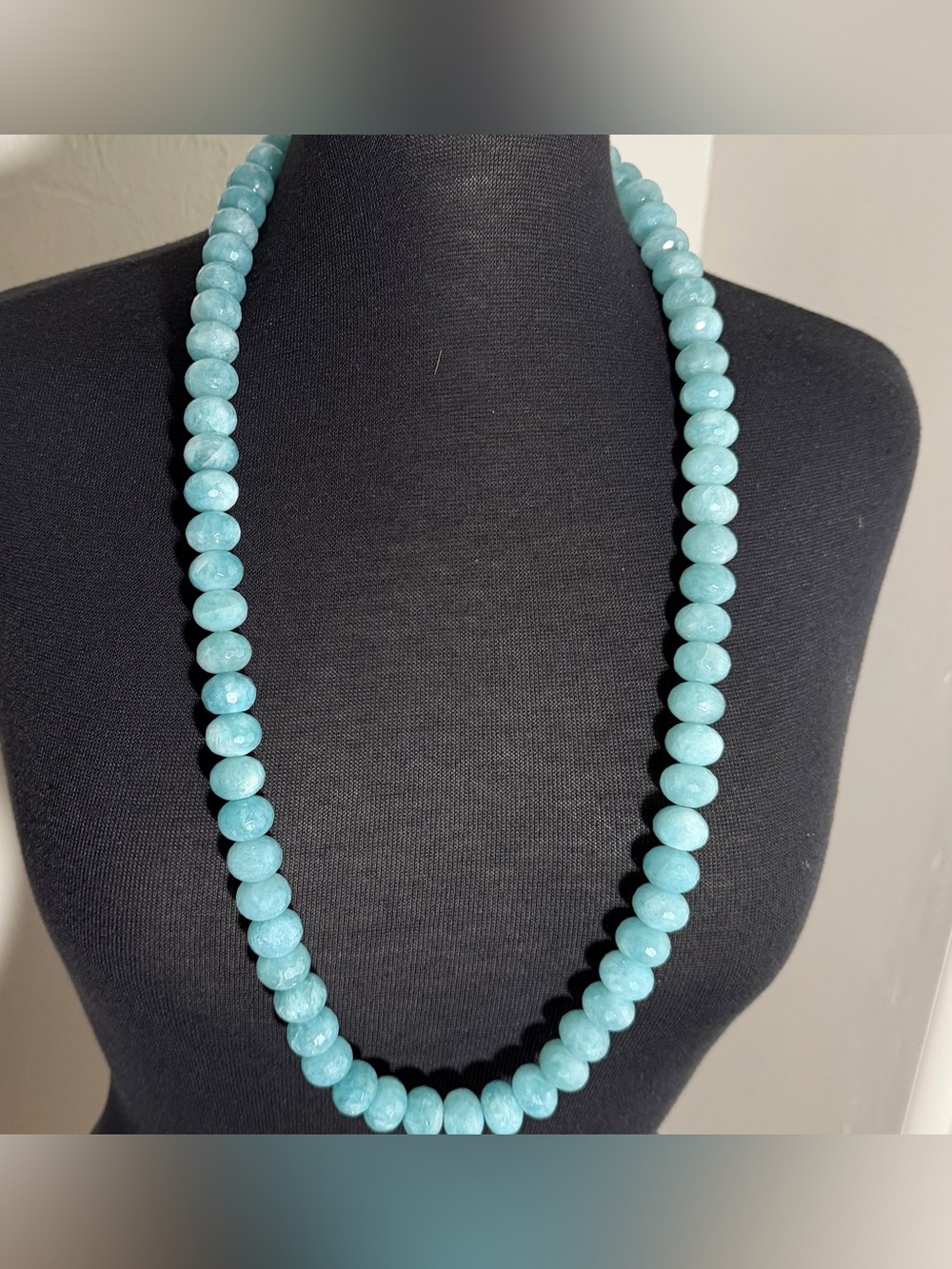 32” Amazonite Style Aqua Blue Faceted Rondelle Bead Necklace Artisan Hook Clasp